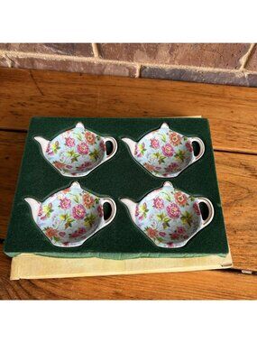 Blue Chintz Floral Formalities Teapot Shaped Tea Bag Caddies Set Of 4